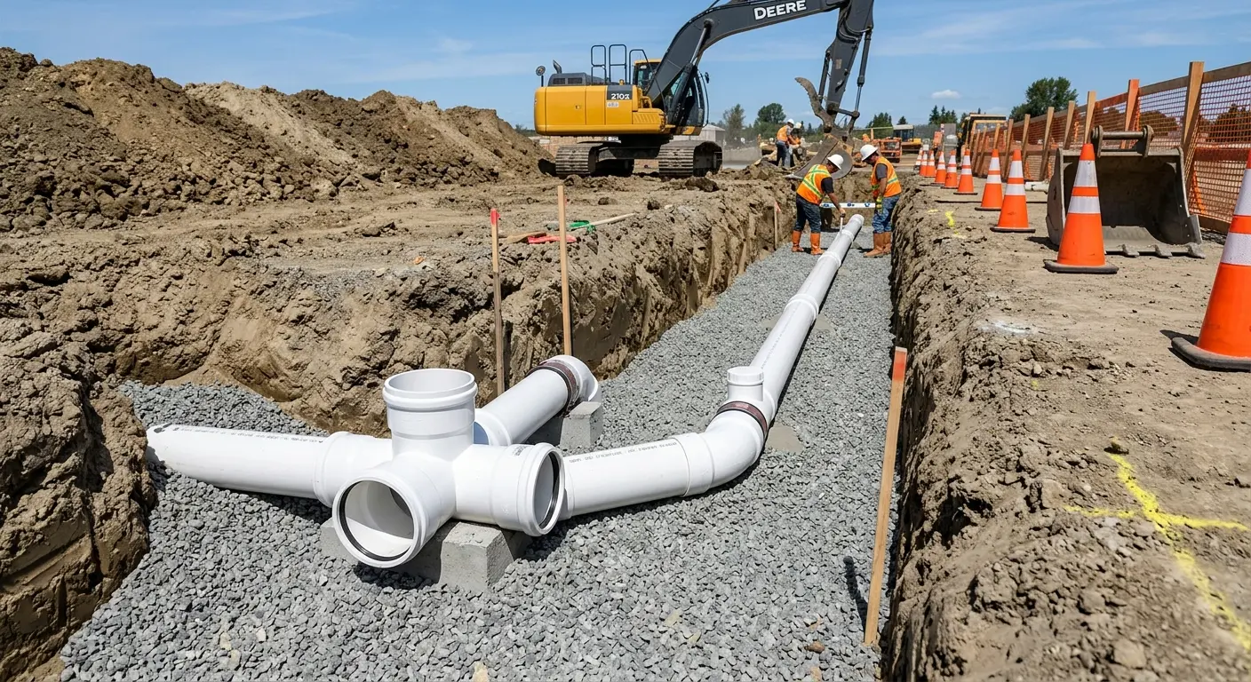 New PVC sewer pipe installation in open trench for Grease Trap Cleaning in Henderson