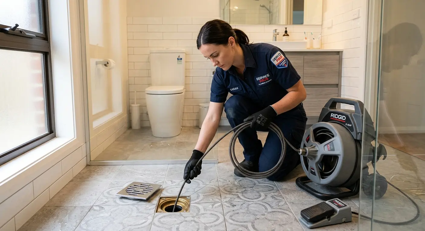 Technician clearing a bathroom floor drain for Drain Repair in Henderson